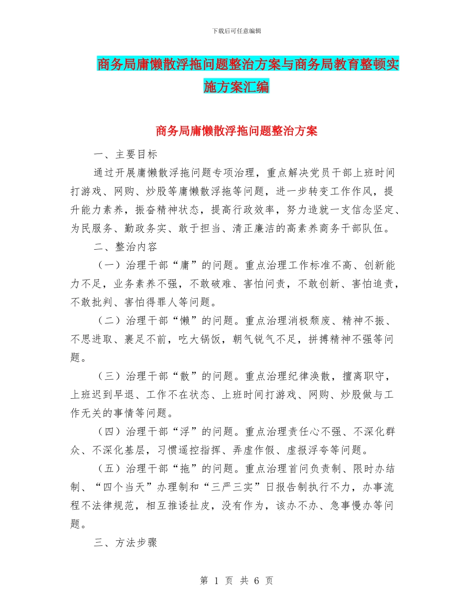 商务局庸懒散浮拖问题整治方案与商务局教育整顿实施方案汇编_第1页