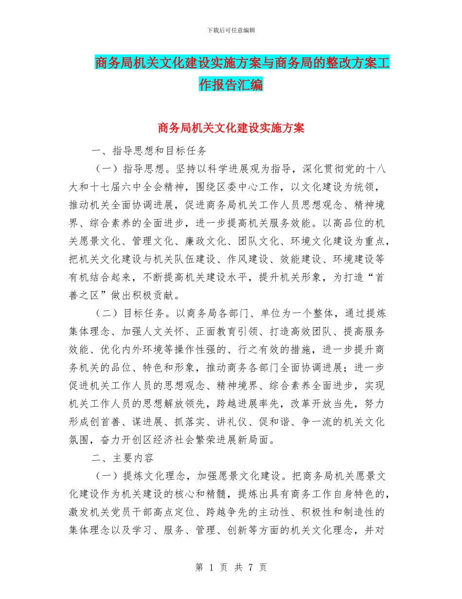 商务局机关文化建设实施方案与商务局的整改方案工作报告汇编_第1页