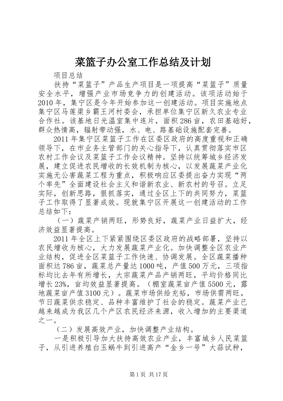 菜篮子办公室工作总结及计划_第1页