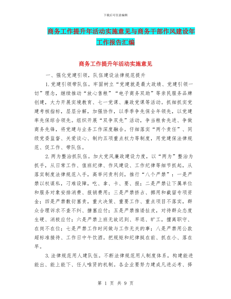 商务工作提升年活动实施意见与商务干部作风建设年工作报告汇编_第1页