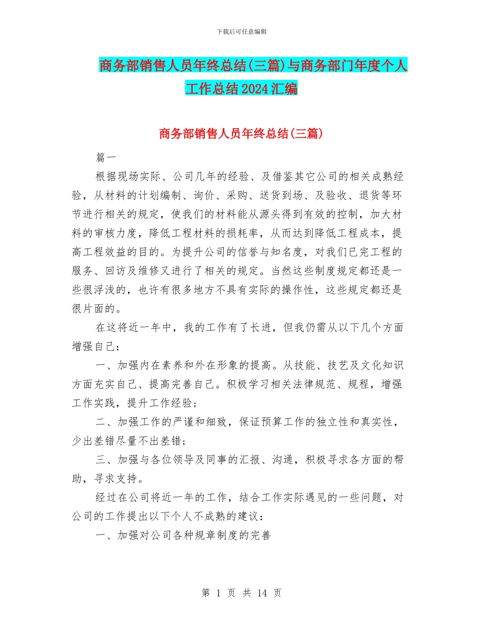 商务部销售人员年终总结与商务部门年度个人工作总结2024汇编_第1页