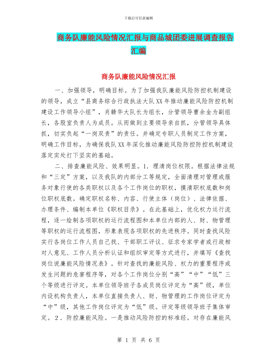 商务队廉能风险情况汇报与商品城团委发展调查报告汇编_第1页