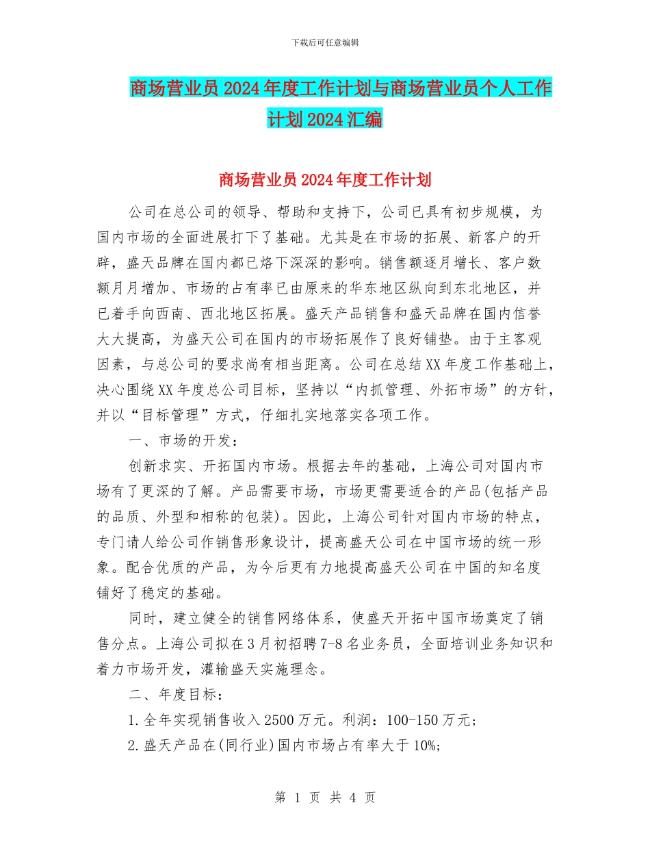 商场营业员2024年度工作计划与商场营业员个人工作计划2024汇编_第1页