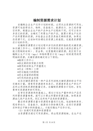 编制资源需求计划