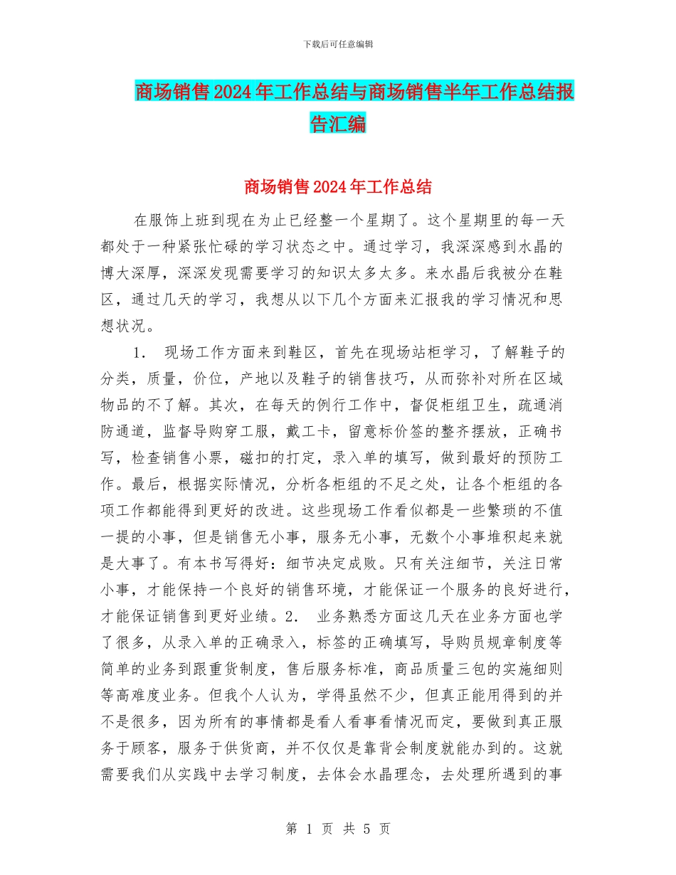 商场销售2024年工作总结与商场销售半年工作总结报告汇编_第1页