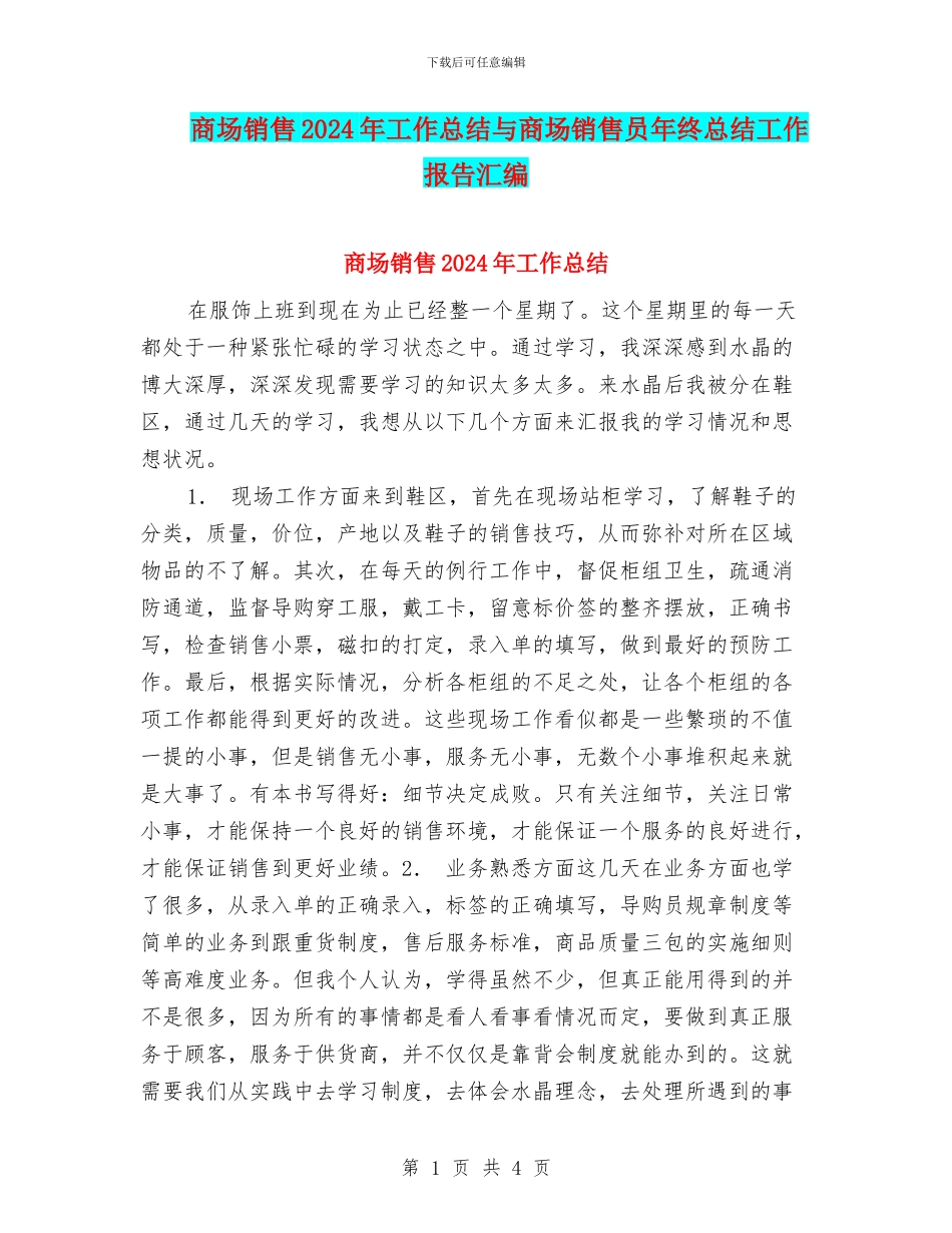 商场销售2024年工作总结与商场销售员年终总结工作报告汇编_第1页