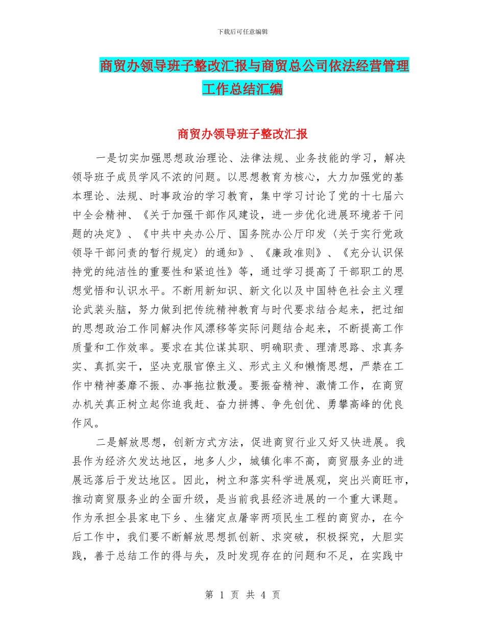 商贸办领导班子整改汇报与商贸总公司依法经营管理工作总结汇编_第1页