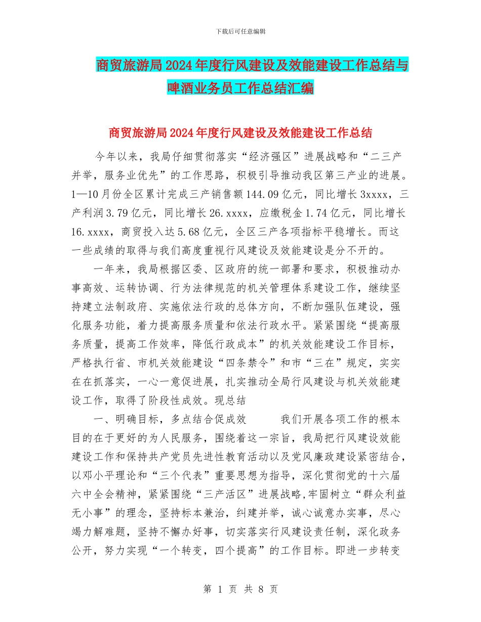 商贸旅游局2024年度行风建设及效能建设工作总结与啤酒业务员工作总结汇编_第1页