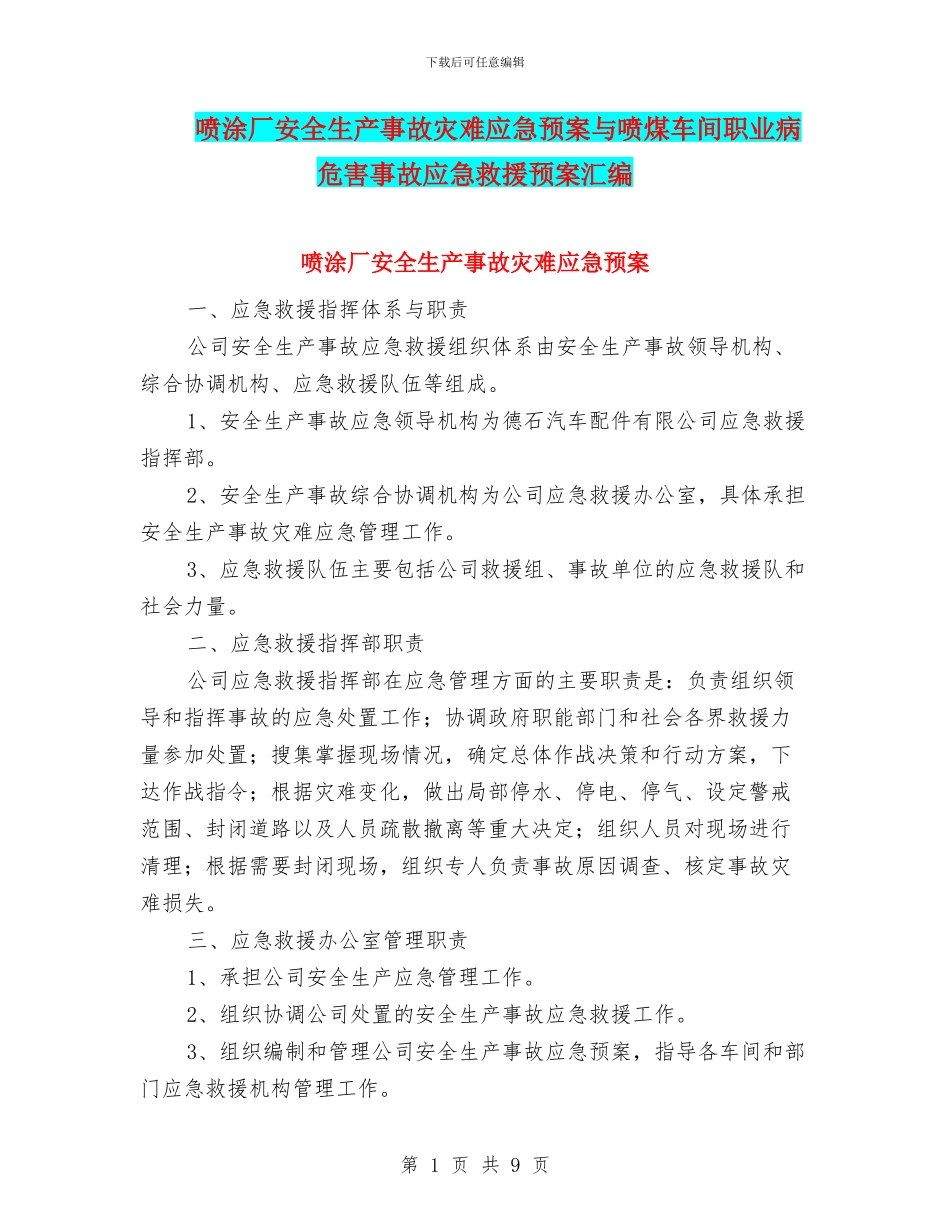 喷涂厂安全生产事故灾难应急预案与喷煤车间职业病危害事故应急救援预案汇编_第1页