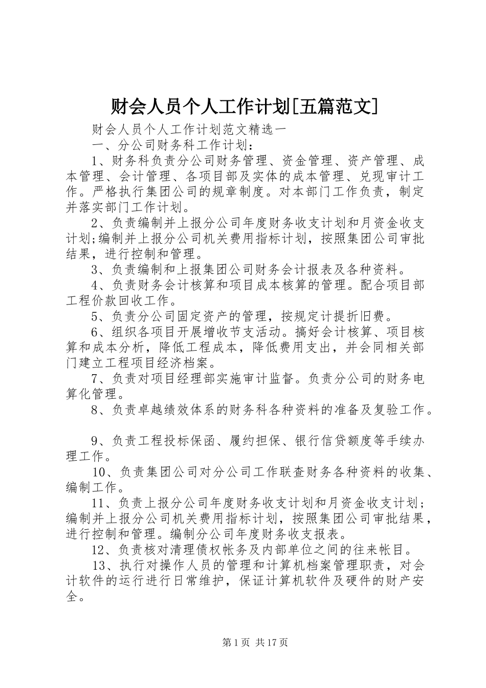 财会人员个人工作计划[五篇范文]_第1页