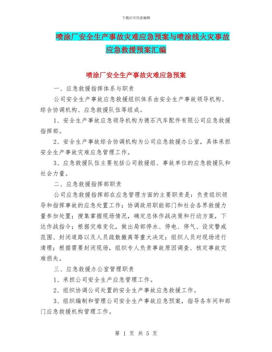 喷涂厂安全生产事故灾难应急预案与喷涂线火灾事故应急救援预案汇编_第1页