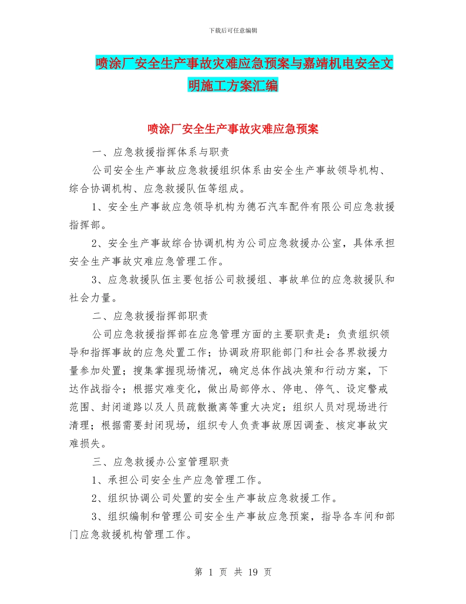 喷涂厂安全生产事故灾难应急预案与嘉靖机电安全文明施工方案汇编_第1页