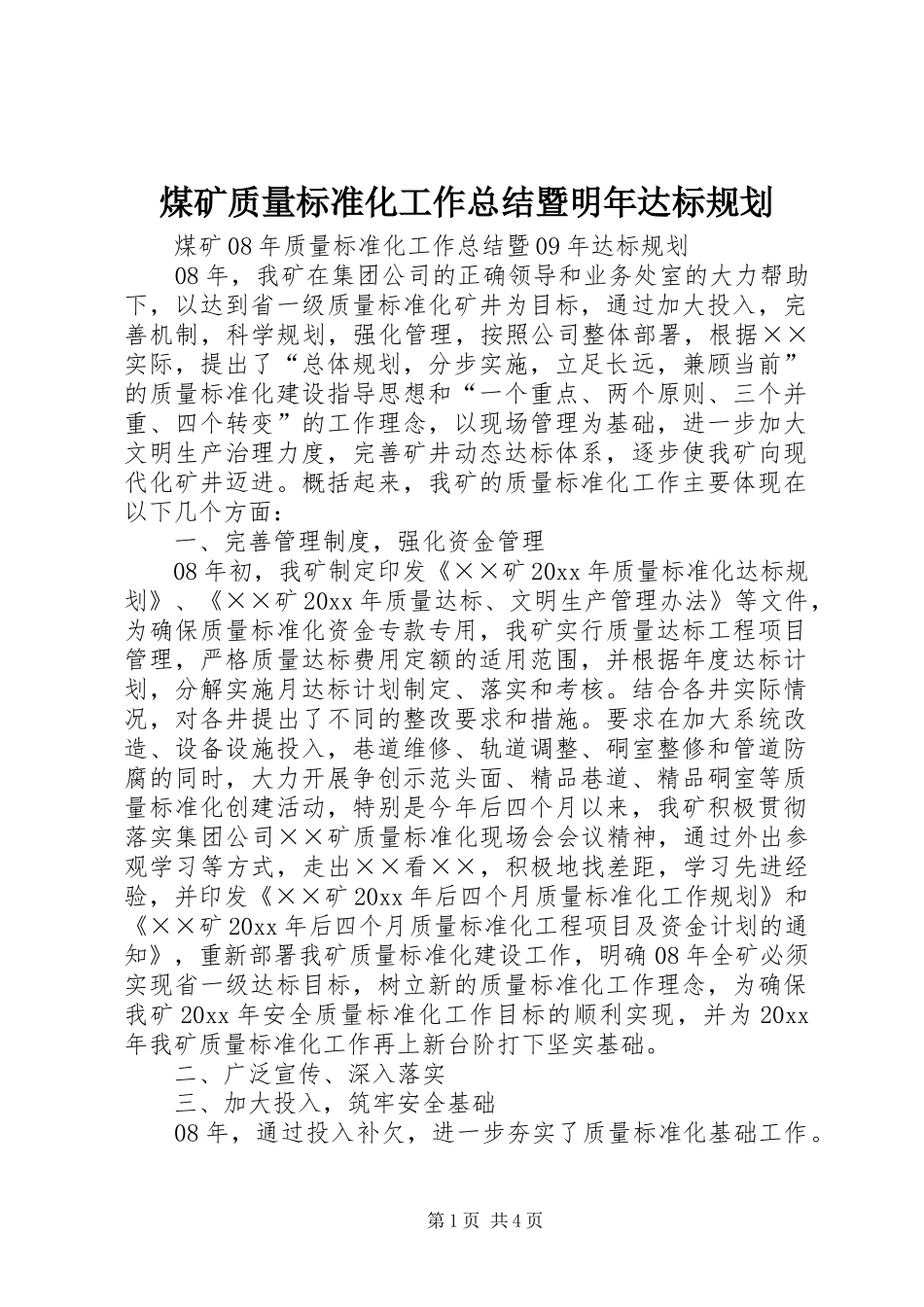煤矿质量标准化工作总结暨明年达标规划_第1页