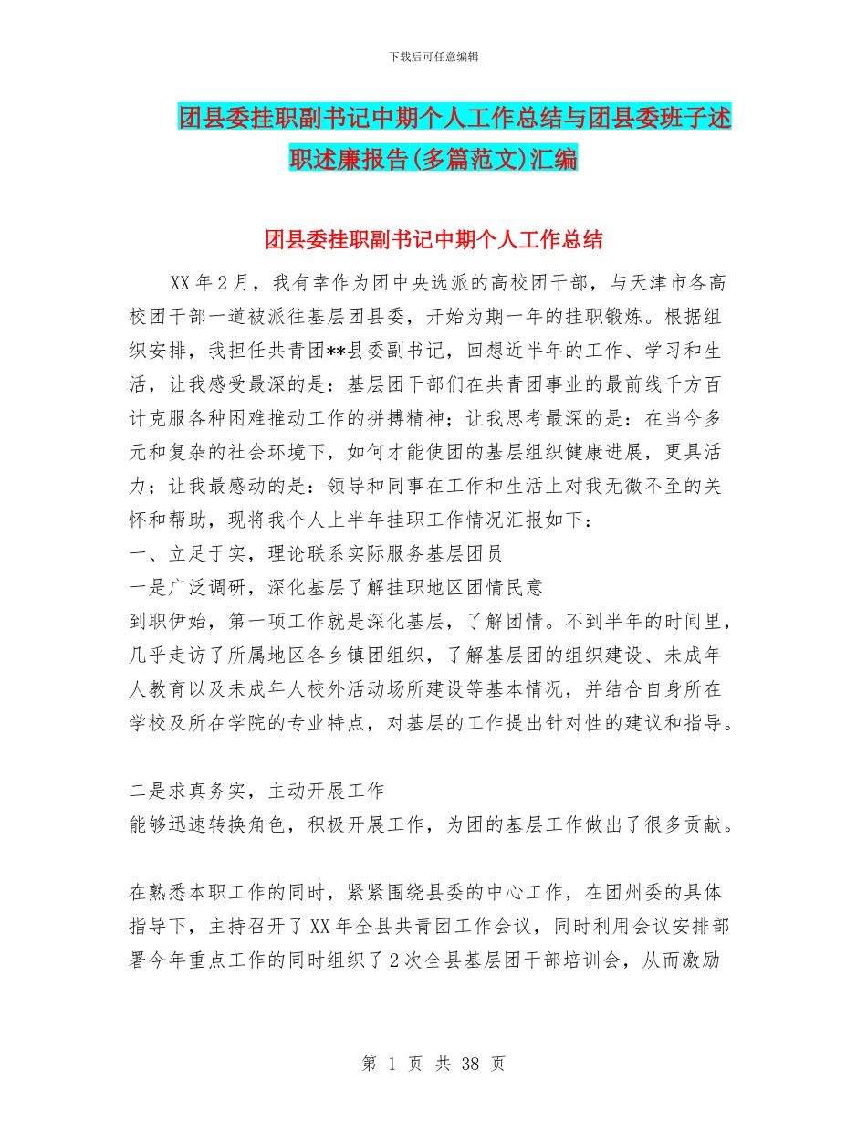 团县委挂职副书记中期个人工作总结与团县委班子述职述廉报告汇编_第1页