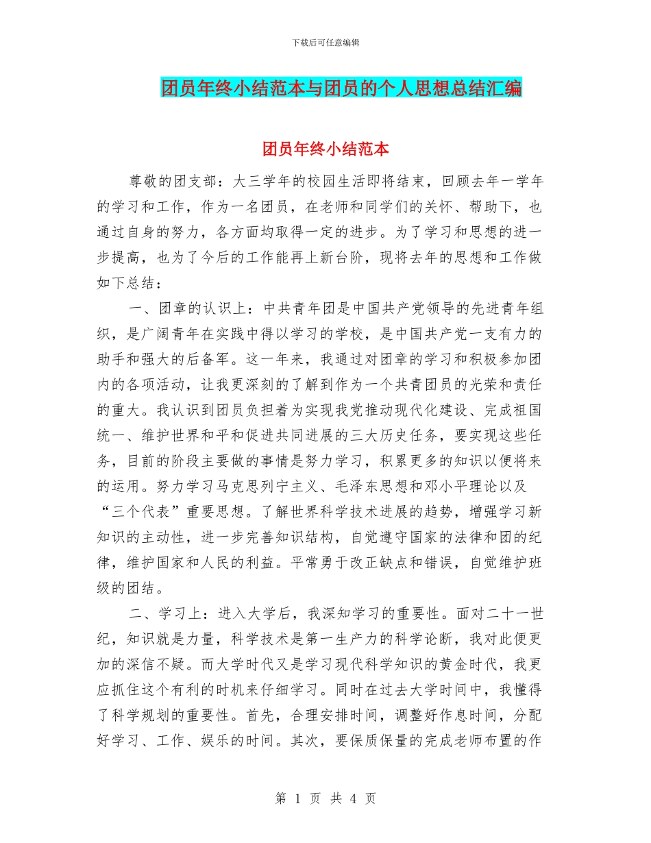 团员年终小结范本与团员的个人思想总结汇编_第1页