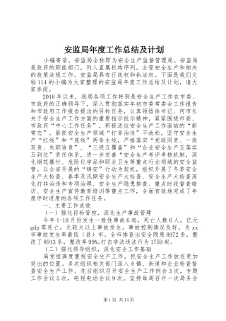 安监局年度工作总结及计划