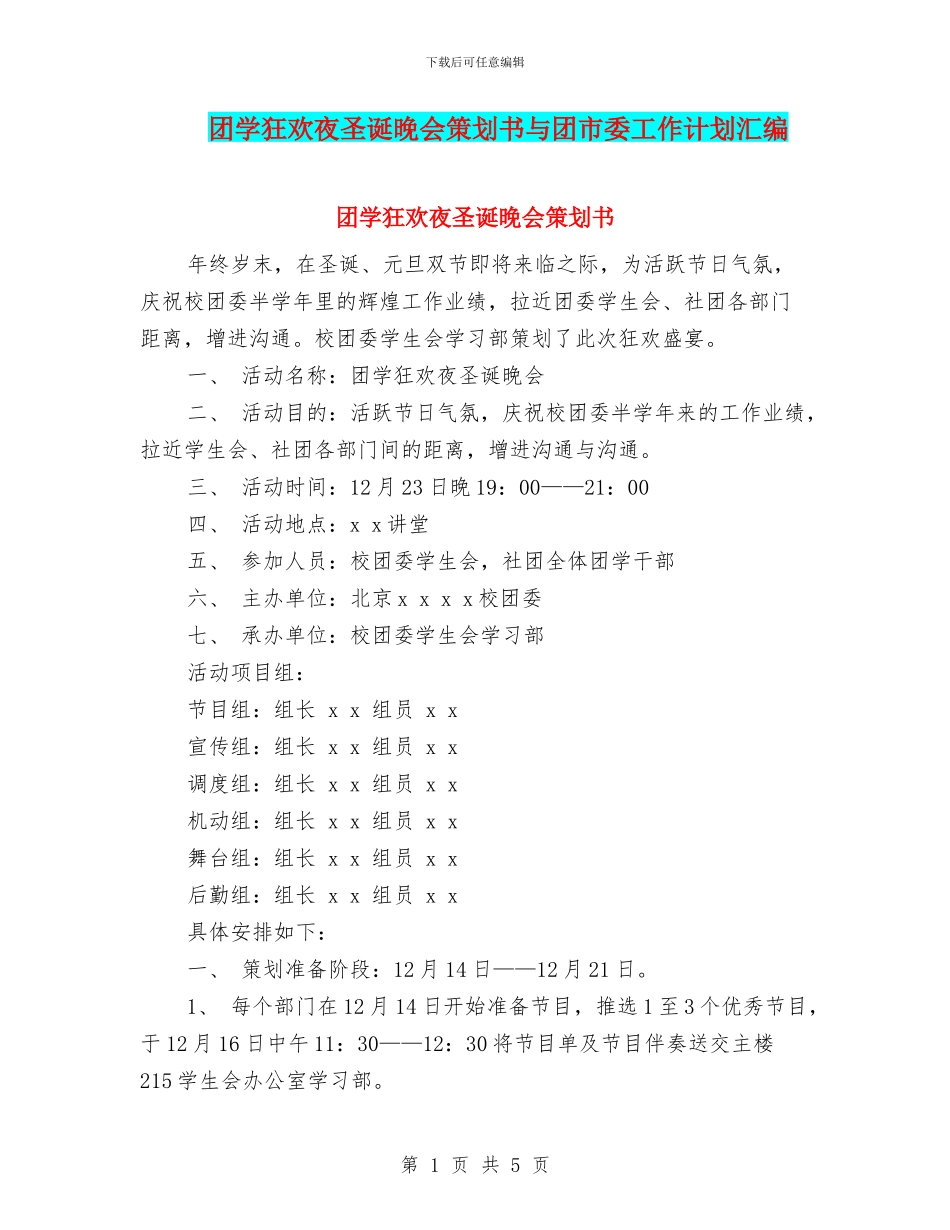 团学狂欢夜圣诞晚会策划书与团市委工作计划汇编_第1页