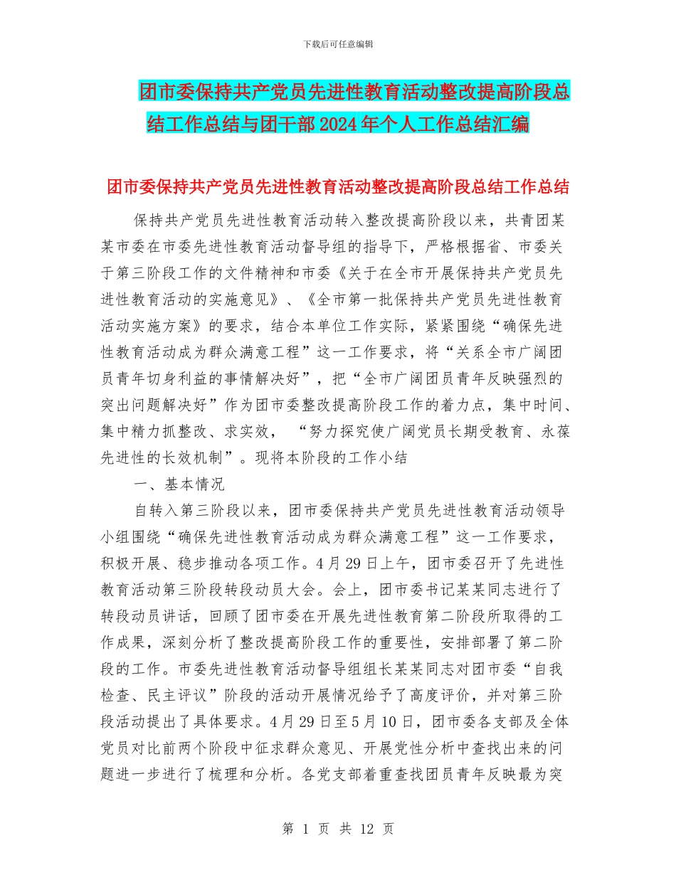 团市委保持共产党员先进性教育活动整改提高阶段总结工作总结与团干部2024年个人工作总结汇编_第1页