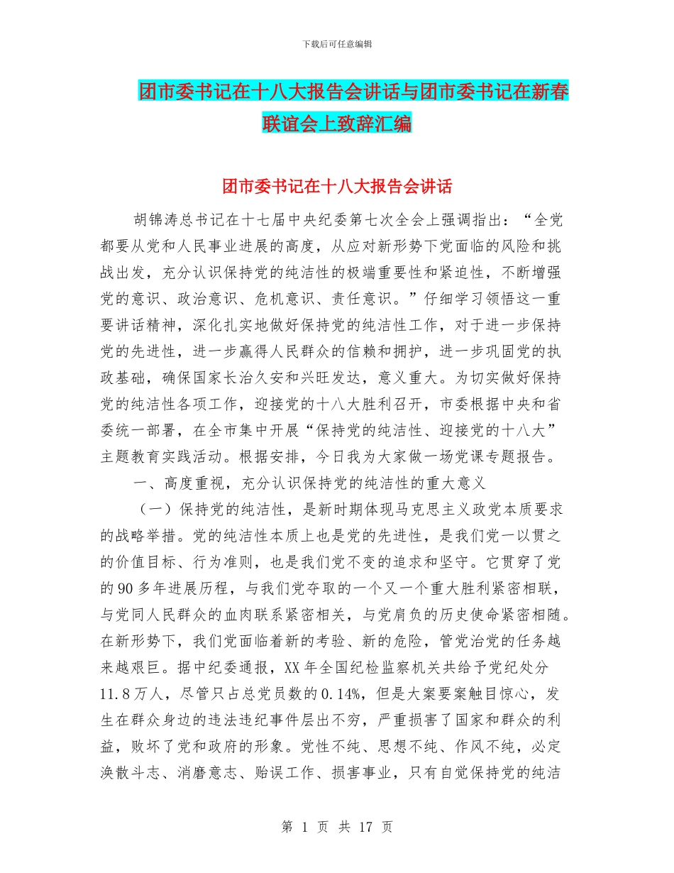 团市委书记在十八大报告会讲话与团市委书记在新春联谊会上致辞汇编_第1页