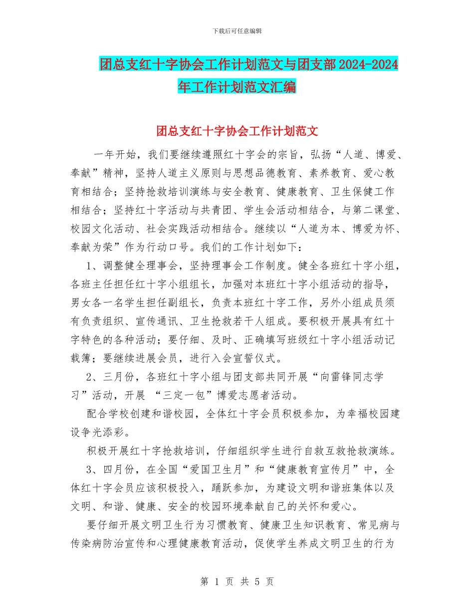 团总支红十字协会工作计划范文与团支部2024_第1页