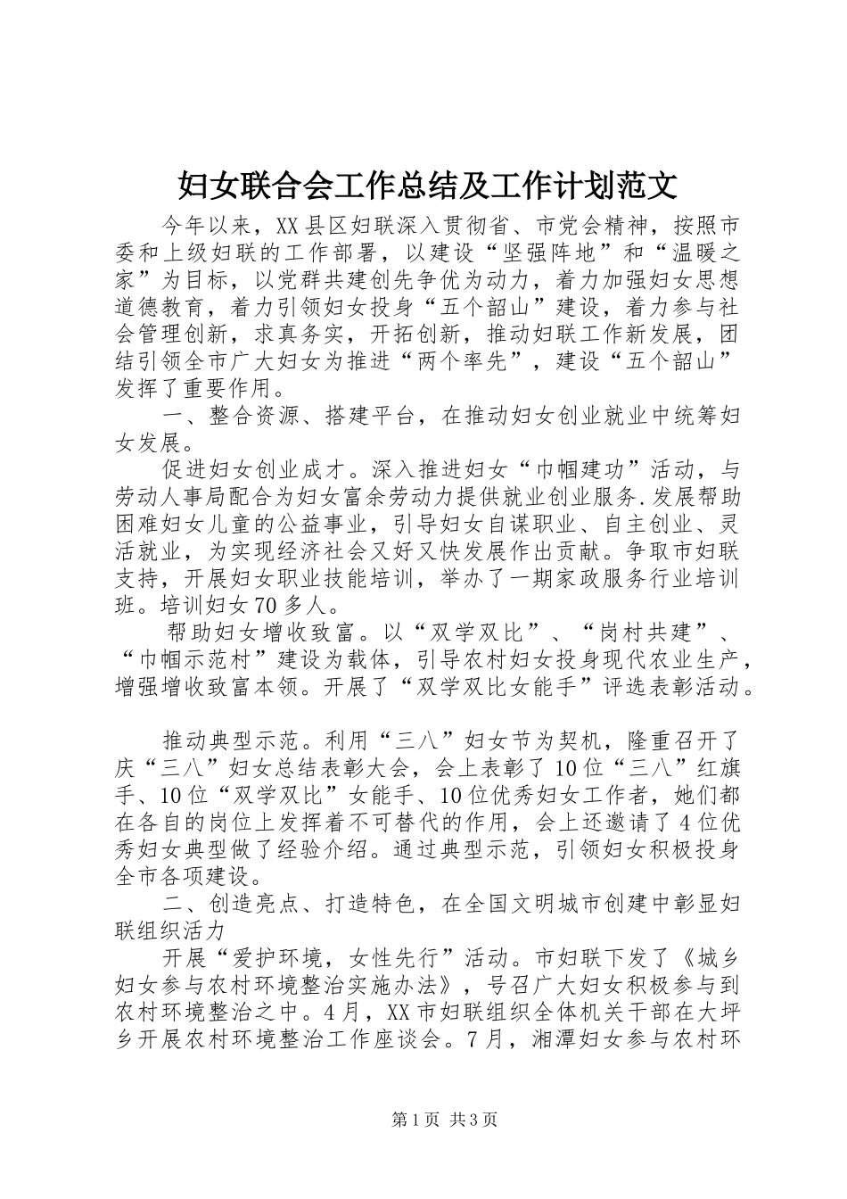 妇女联合会工作总结及工作计划范文_第1页