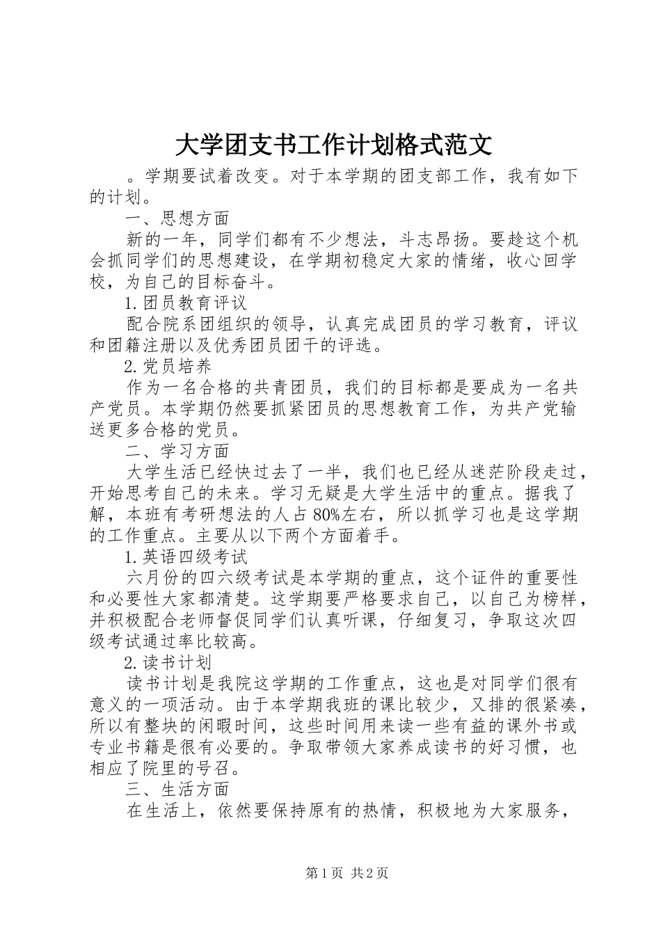 大学团支书工作计划格式范文_第1页