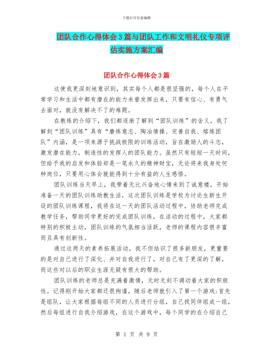 团队合作心得体会3篇与团队工作和文明礼仪专项评估实施方案汇编_第1页