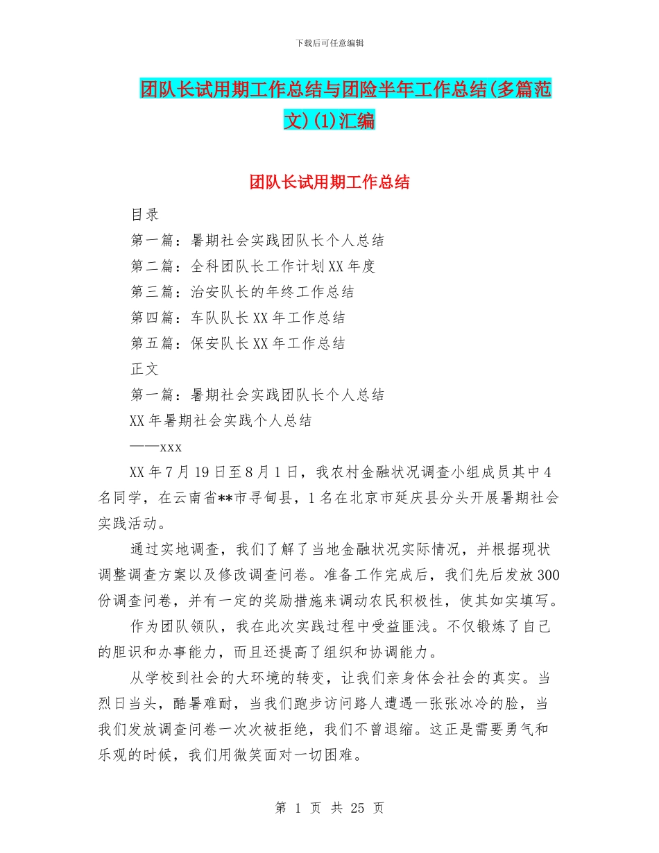 团队长试用期工作总结与团险半年工作总结(1)汇编_第1页