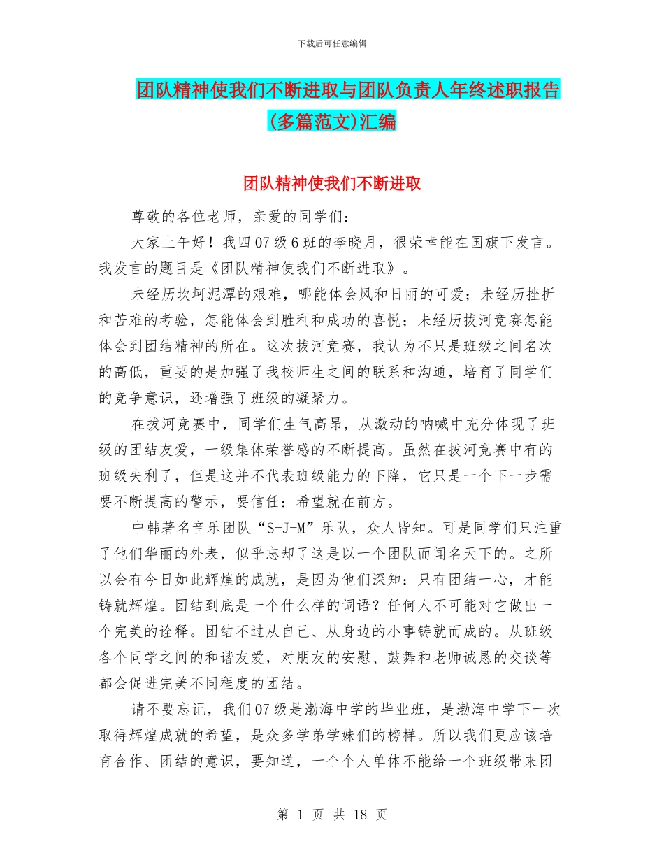 团队精神使我们不断进取与团队负责人年终述职报告汇编_第1页