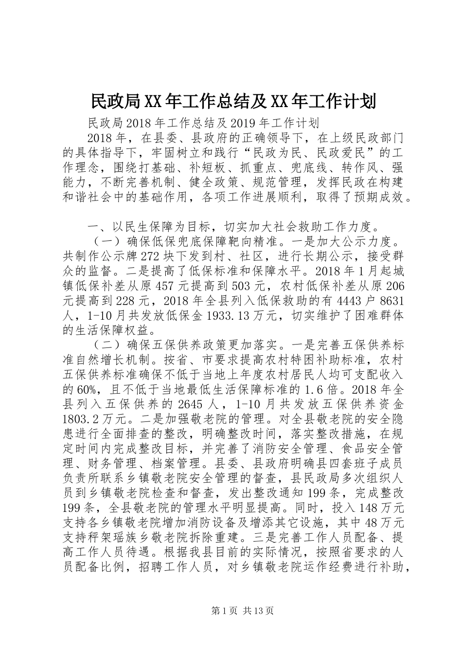 民政局XX年工作总结及XX年工作计划_1_第1页