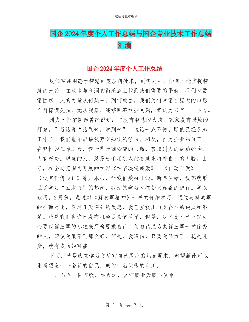 国企2024年度个人工作总结与国企专业技术工作总结汇编_第1页
