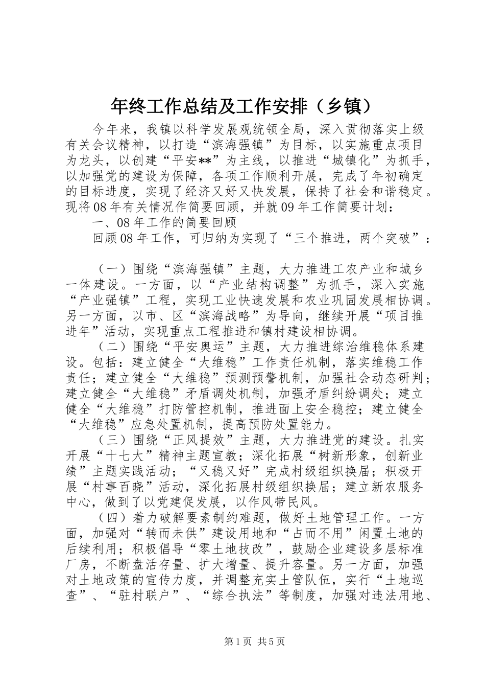 年终工作总结及工作安排（乡镇）_第1页