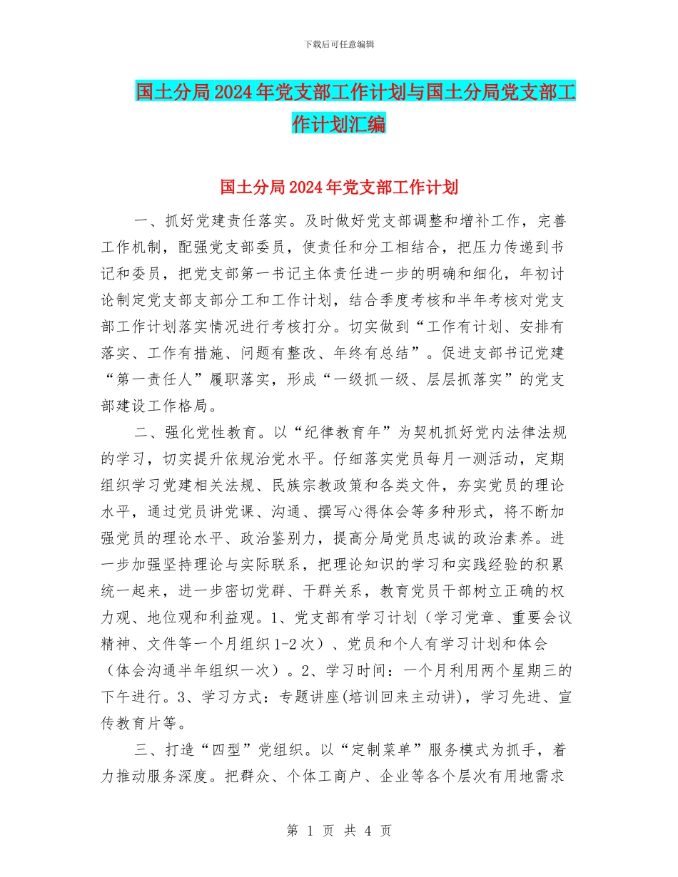 国土分局2024年党支部工作计划与国土分局党支部工作计划汇编_第1页