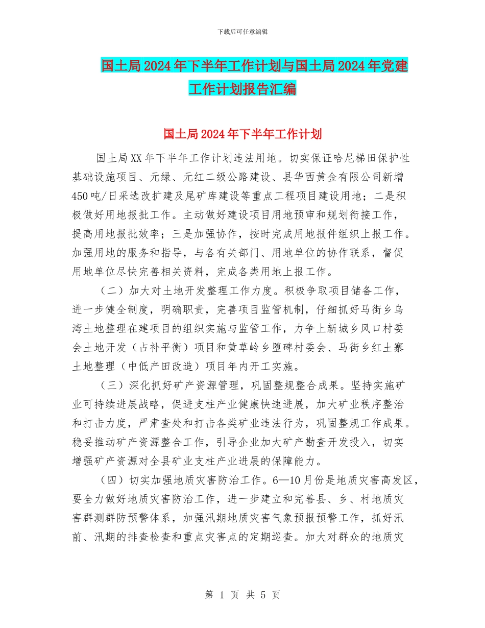 国土局2024年下半年工作计划与国土局2024年党建工作计划报告汇编_第1页