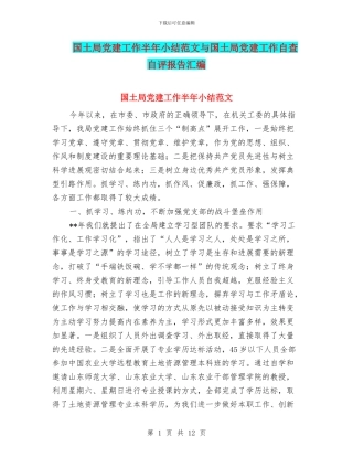 国土局党建工作半年小结范文与国土局党建工作自查自评报告汇编