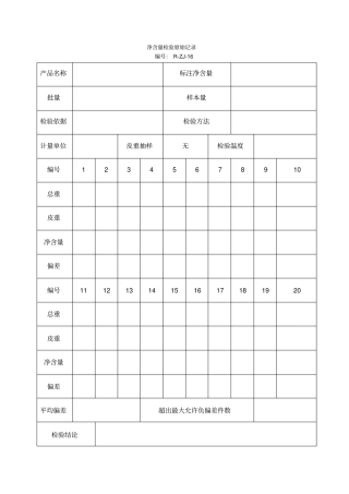 净含量检验原始记录表格模板、格式
