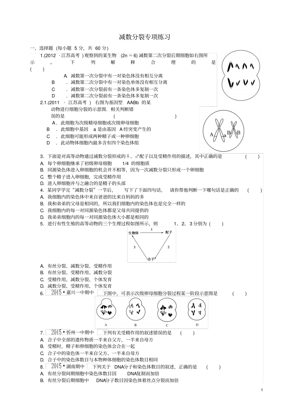 减数分裂和受精作用习题精选汇总_第1页