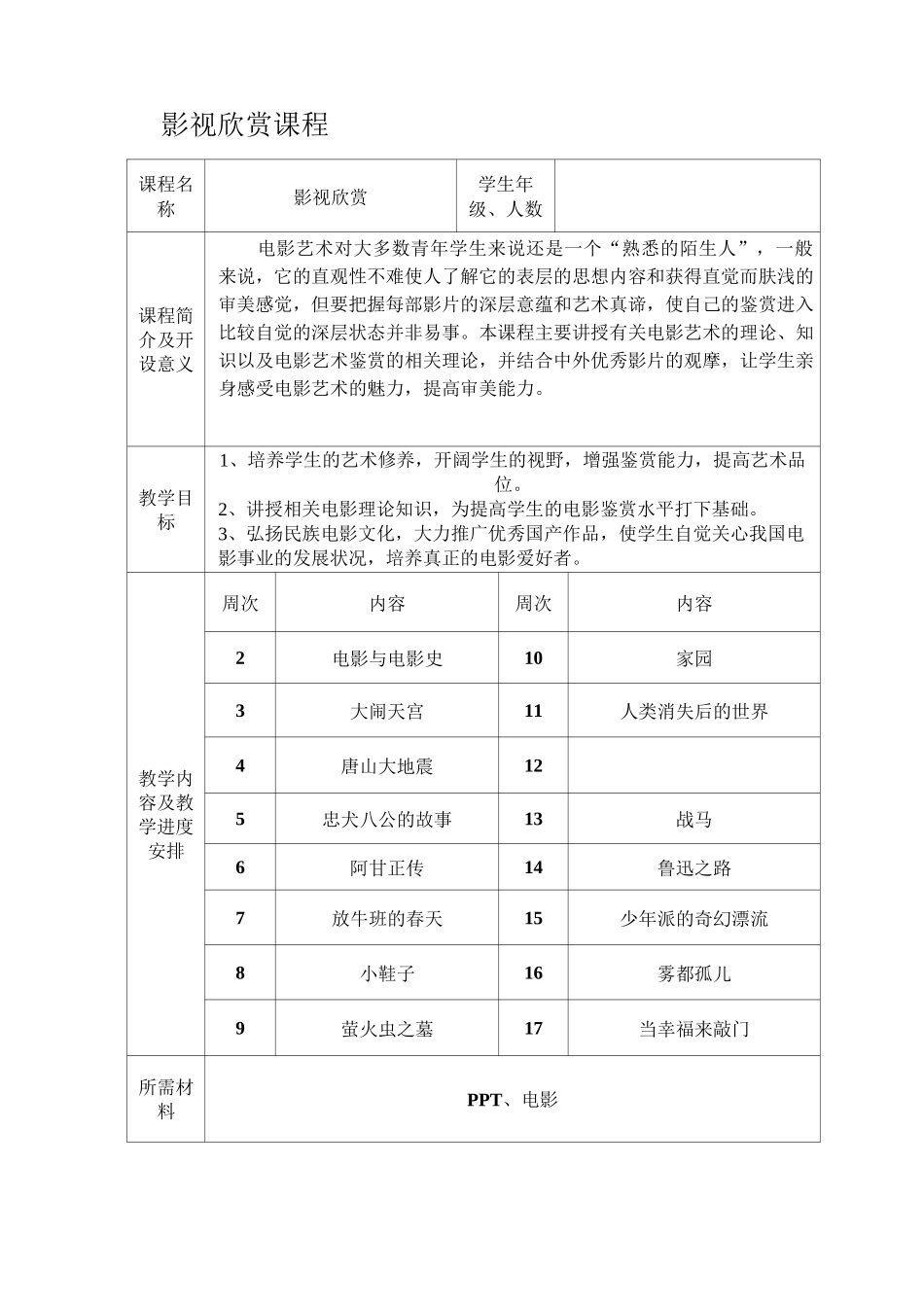 小学影视欣赏教案课程_第1页