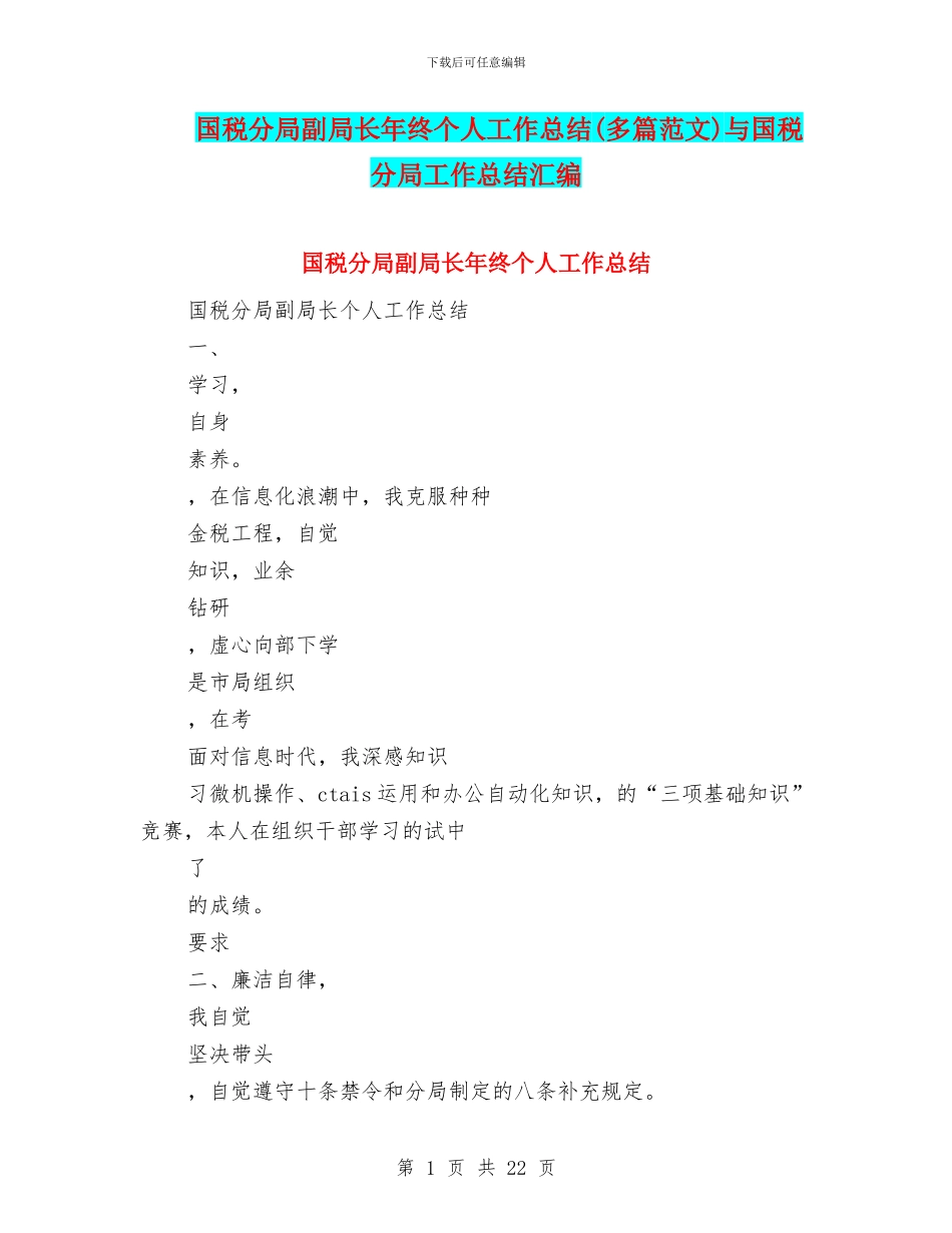 国税分局副局长年终个人工作总结与国税分局工作总结汇编_第1页