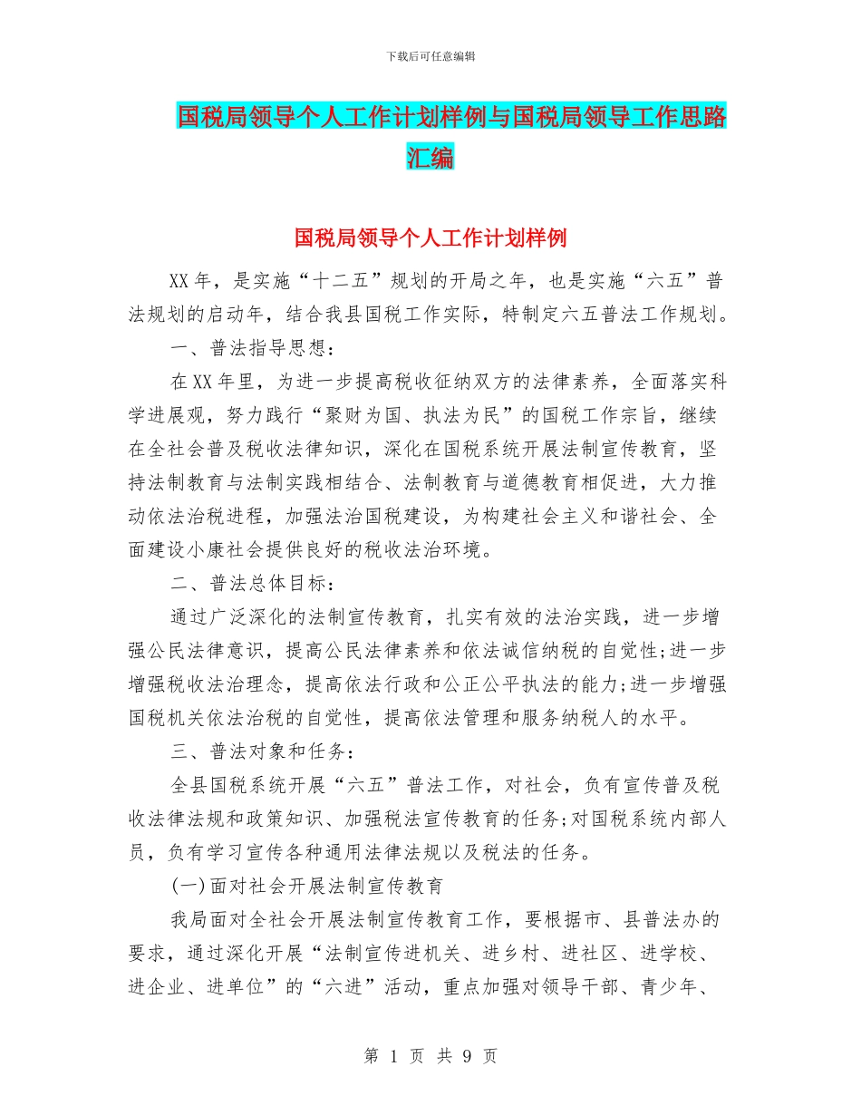 国税局领导个人工作计划样例与国税局领导工作思路汇编_第1页