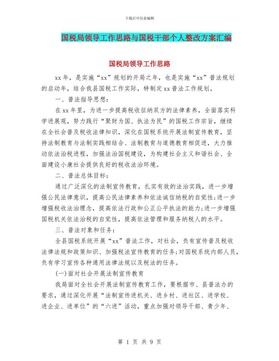 国税局领导工作思路与国税干部个人整改方案汇编_第1页