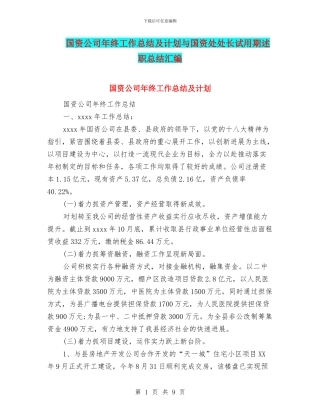 国资公司年终工作总结及计划与国资处处长试用期述职总结汇编