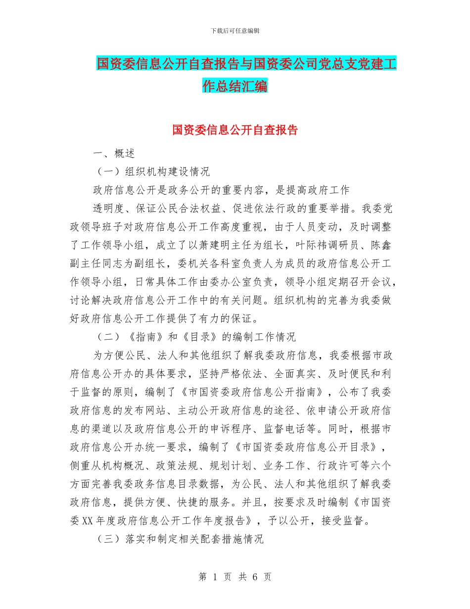 国资委信息公开自查报告与国资委公司党总支党建工作总结汇编_第1页