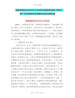 国资委推进五化半年工作总结与国资委系统“两学一做”学习教育动员部署会议发言稿汇编