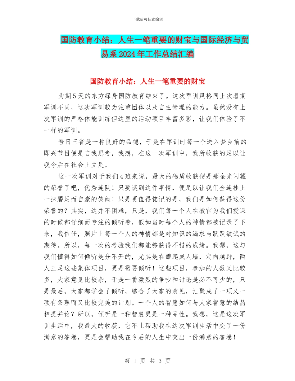 国防教育小结：人生一笔重要的财富与国际经济与贸易系2024年工作总结汇编_第1页