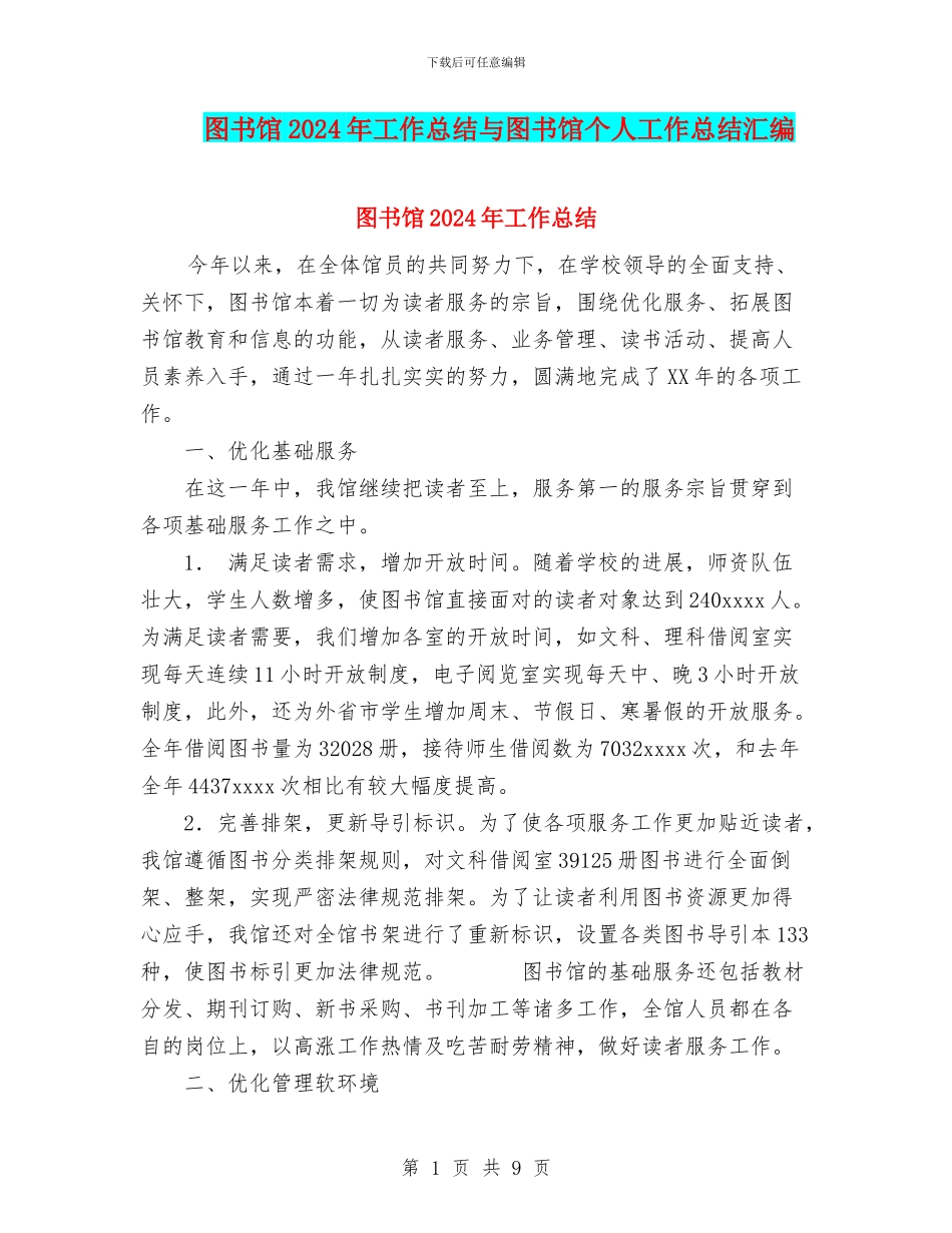 图书馆2024年工作总结与图书馆个人工作总结汇编_第1页