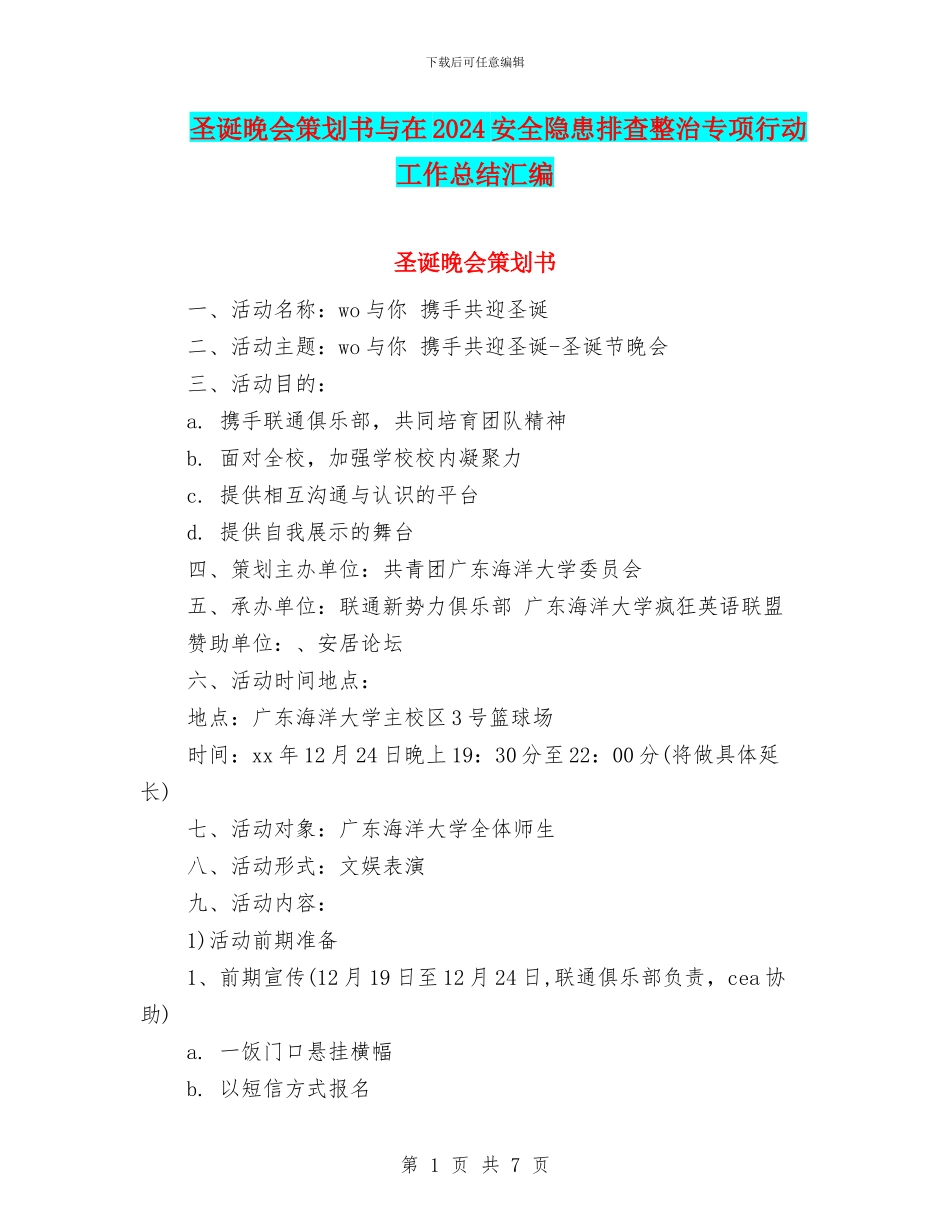 圣诞晚会策划书与在2024安全隐患排查整治专项行动工作总结汇编_第1页