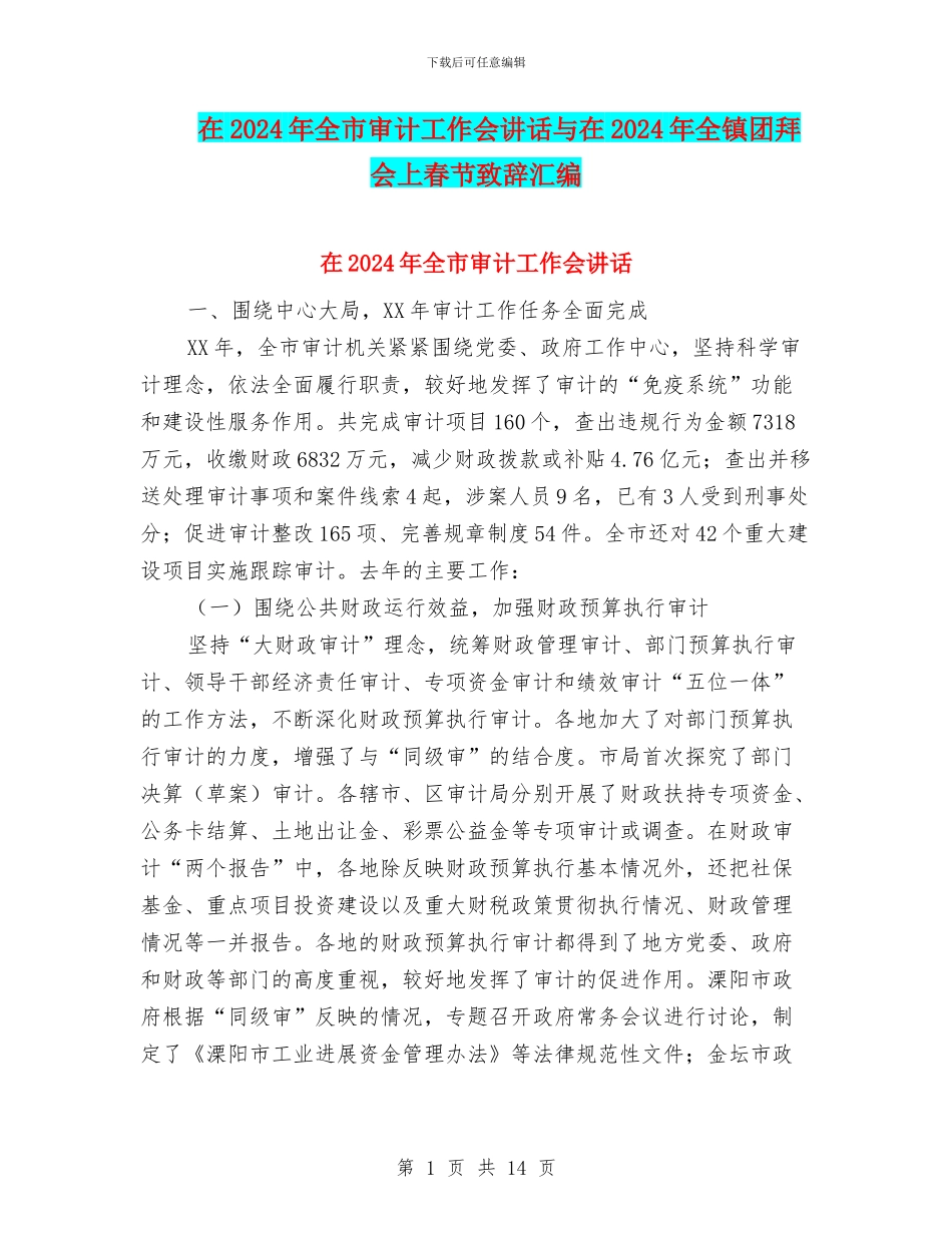 在2024年全市审计工作会讲话与在2024年全镇团拜会上春节致辞汇编_第1页