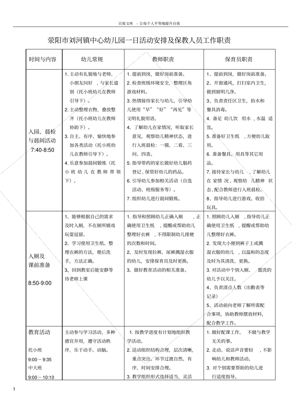 刘河幼儿园一日活动安排及保教人员工作职责_第1页