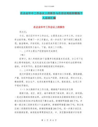 在企业年中工作会议上的报告与在信访局挂职锻炼个人总结汇编